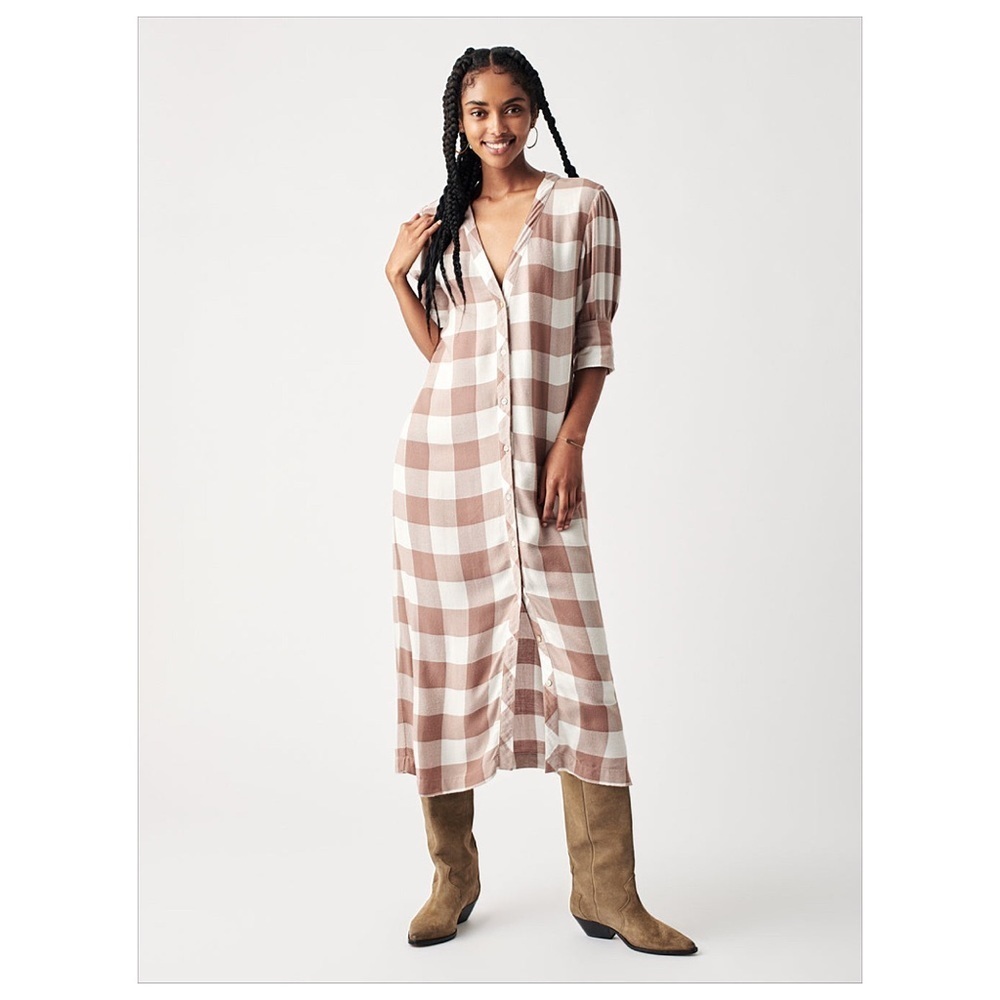 Faherty Helena Shirtdress Midi Dress Brownie Buffalo Plaid NWT Large